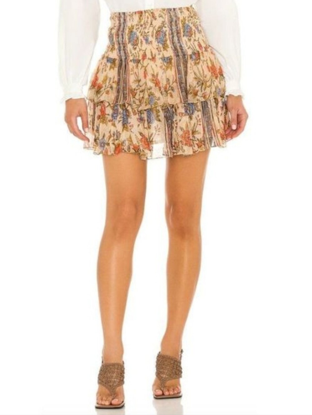 Mes Demoiselles Milli Mini Ruffle Skirt in Gold Floral Multi Size XS